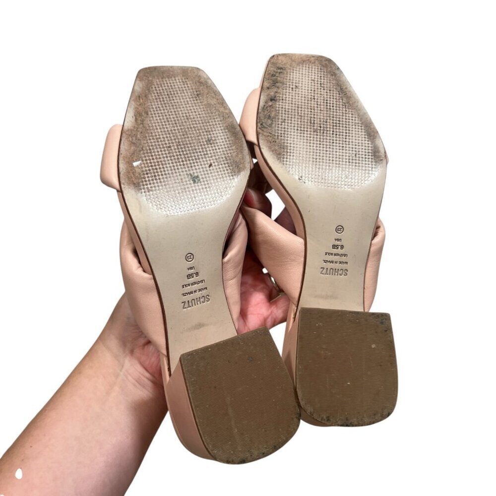 Schutz Fairy Puffy Mule High Heel Leather Sandal Size 6.5 B Pink Open Toe - Picture 8 of 8